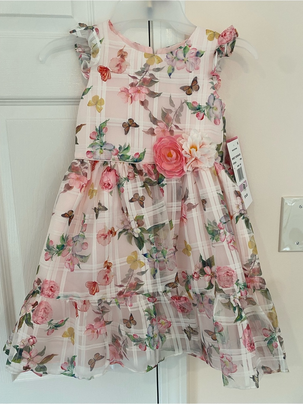 Rare Editions Pink Floral Organza Dress with Rosette Accent